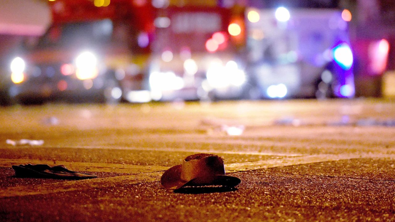 LAS VEGAS, NV - OCTOBER 02: A cowboy hat lays in the street after shots were fired near a country music festival on October 1, 2017 in Las Vegas, Nevada. A gunman has opened fire on a music festival in Las Vegas, leaving at least 20 people dead and more than 100 injured. Police have confirmed that one suspect has been shot. The investigation is ongoing. (Photo by David Becker/Getty Images)