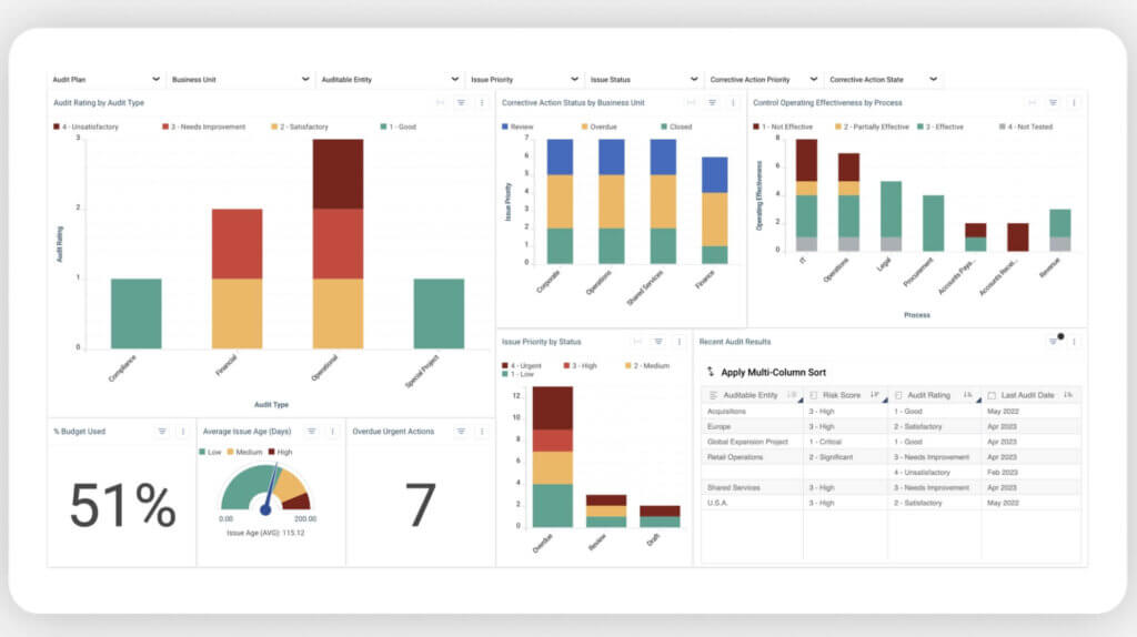 Stylized graphs and statistics representing resolver's audit committee dashboard