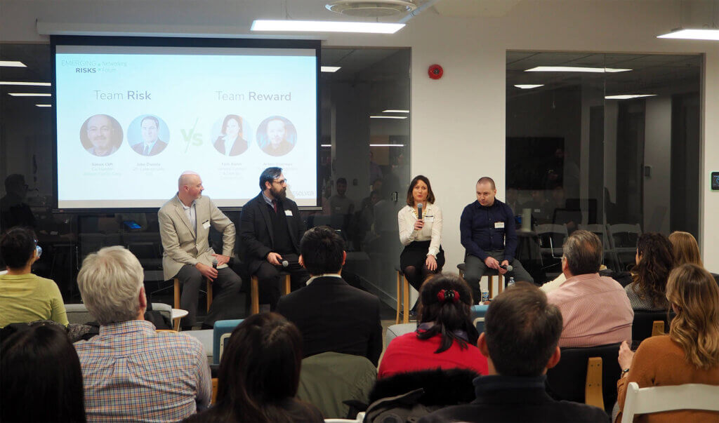 Fern karsh speaking during the risks and rewards of technological innovation debate at resolver