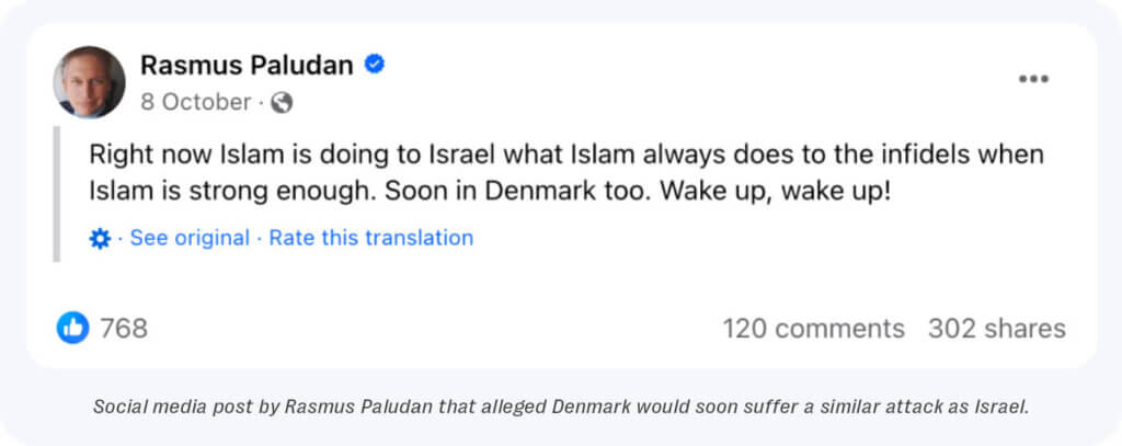 Example of post by rasmus paludan that alleged that denmark would soon suffer a similar attack as israel.