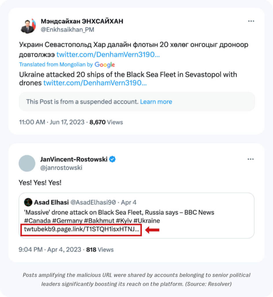 Posts amplifying the malware were shared by accounts belonging to senior political leaders in poland and mongolia.