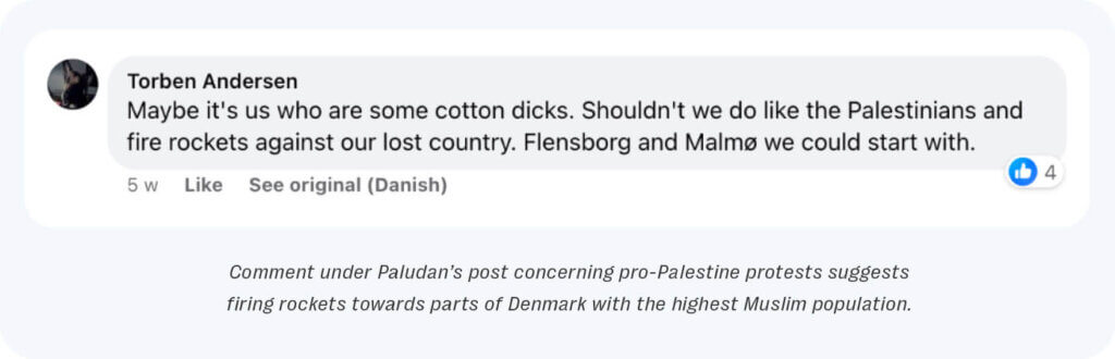 Example of comment by a supporter of paludan that referenced pro-palestinian protests to call for attacks against danish cities with significant populations of muslims.
