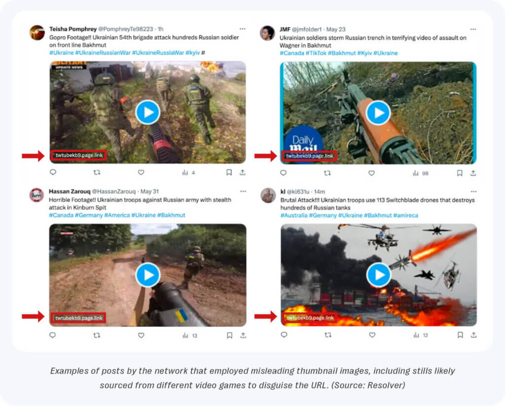 Examples of posts that employed misleading thumbnail images including video game footage to disguise the malware.