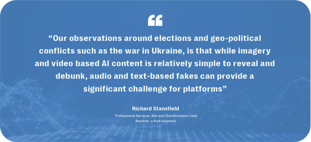 While imagery and video based gen ai disinformation is relatively easier to debunk, audio and text-based fakes can provide a significant challenge to social media platforms.