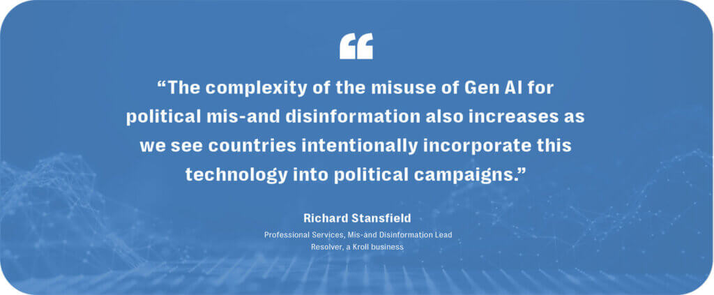 The threat posed by the proliferation of gen ai disinformation will increase as political parties use ai-technology in political campaigning.