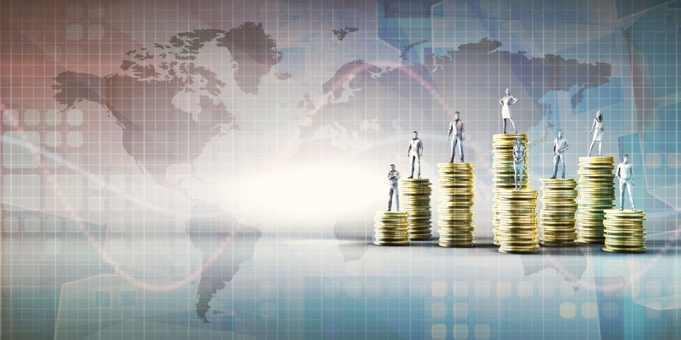 Visual representation of operational resilience compliance, showing miniature figures standing on stacks of coins against a world map background, symbolizing the growth and stability in global operations