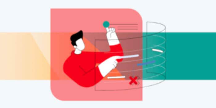 Yellow and green banner with illustration of a dark-haired white man rapidly circulating ideas to represent how "risk intelligence software" can help deliver grc strategy