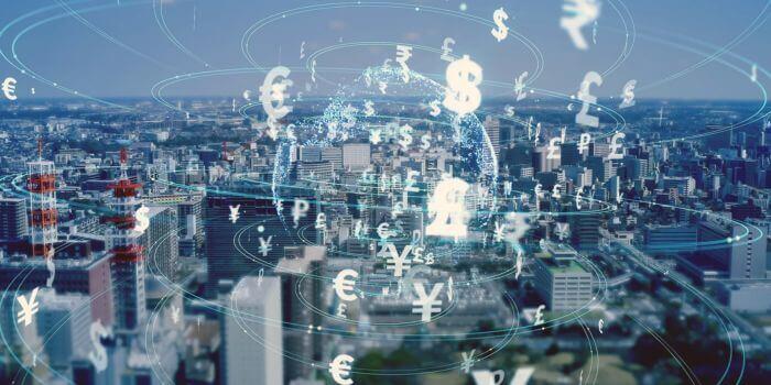 Foreign currency symbols over digital cityscape representing foreign sox compliance