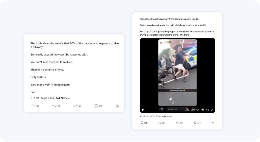 Livestreams, short-form videos and private messaging apps used to incite anti-migrant riots in the uk 5 Posts from popular far-right and manosphere influencers attempted to highlight instances of alleged police brutality against protestors and justify the violence as struggle against "barbarians".