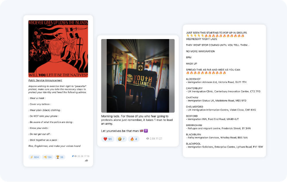 Livestreams, short-form videos and private messaging apps used to incite anti-migrant riots in the uk 6 Far-right actors used private messaging app to organize and incite users to participate in violent anti-migrant protests.