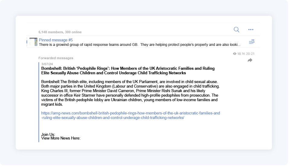 The half-baked sphinx: pro-kremlin influence operation targets uk general election 13 Example of a post sharing the child trafficking allegations in a uk-based channel that frequently posts about anti-vaxx conspiracy theories.