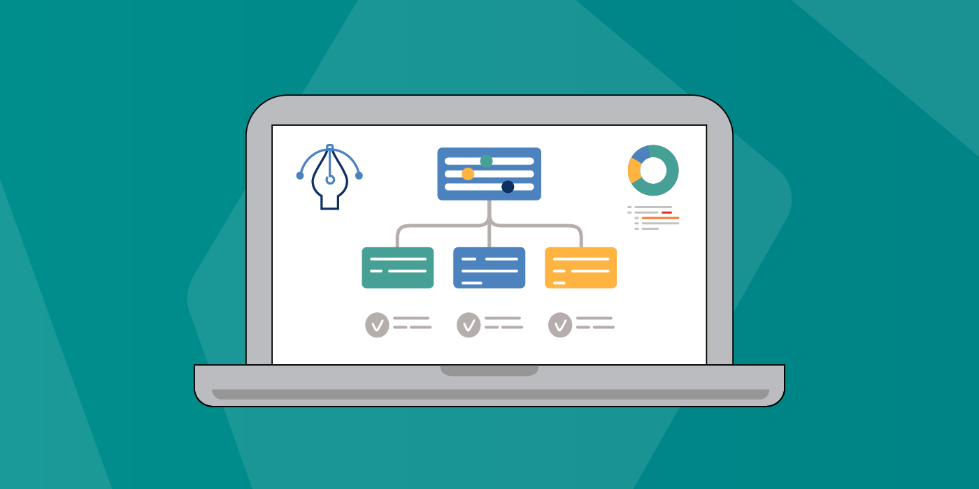 Illustration of a laptop displaying an online risk monitoring dashboard, featuring a hierarchical workflow diagram, analytics icons, and status check marks.