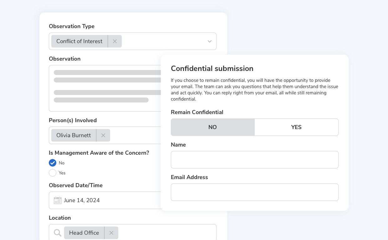 Confidential submission form within whistleblowing software