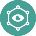 Icon of an eye enclosed in a connected hexagonal network, representing the reassessment of moderation capacity across pharma-owned social media channels.