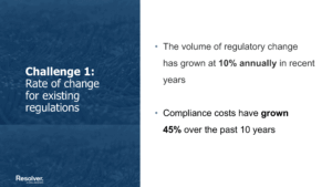 A text image highlighting common challenges of regulatory compliance teams that says, "challenge 1: rate of change for existing regulations"