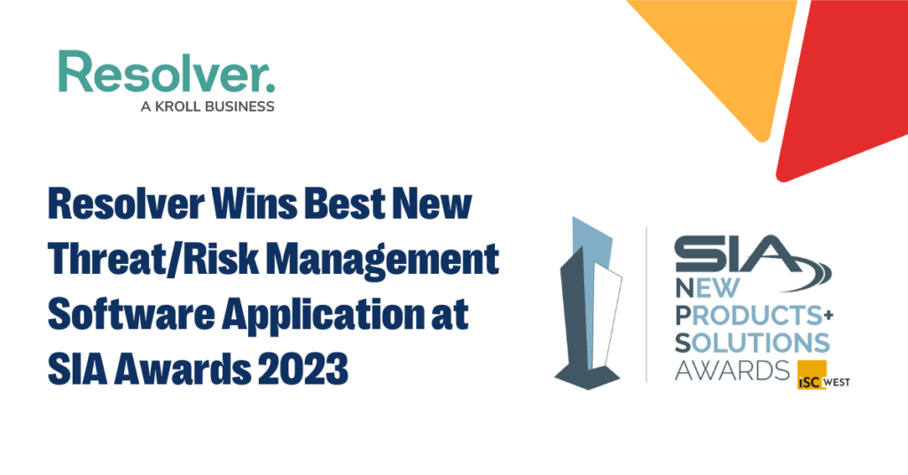Graphic image with resolver logo and text "resolver wins best new threat/risk management software application at sia awards 2023"