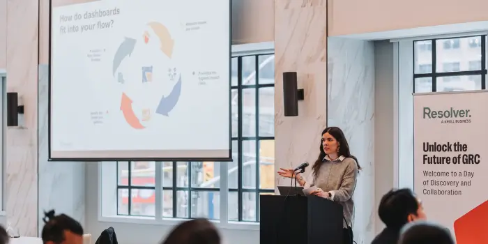 Grc product manager erin peck presenting 'how do dashboards fit into your flow? ' at resolver's grc day 2024.