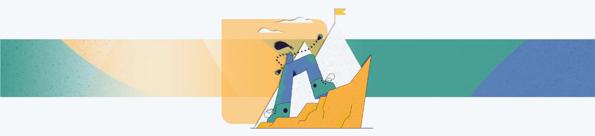 Green, yellow, and blue banner with a centred illustration of a person climbing a mountain to represent "agile governance and compliance" or grc agility